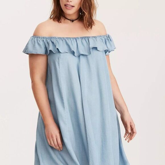 NWT Torrid Denim Off Shoulder Trapeze Dress, size 2 (2X | 18-20), 100% Tencel - Picture 1 of 12